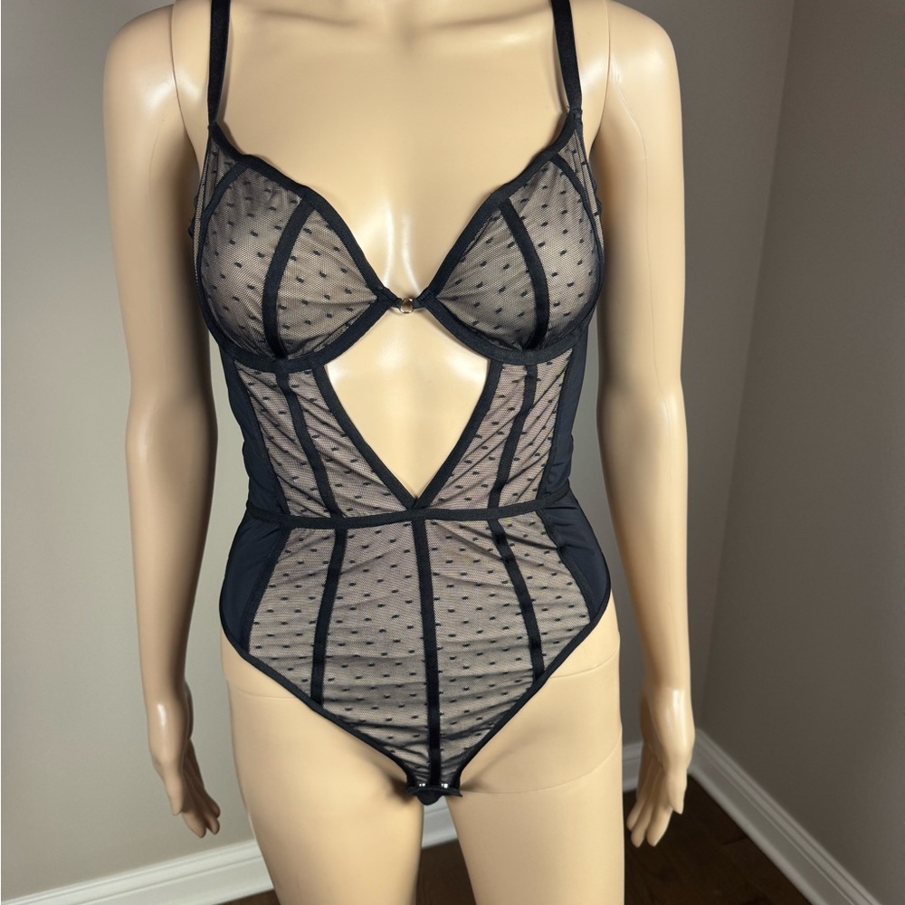 AKIRA Sheer Mesh Polka Dot Bodysuit Underwire Lingerie Open Back Black